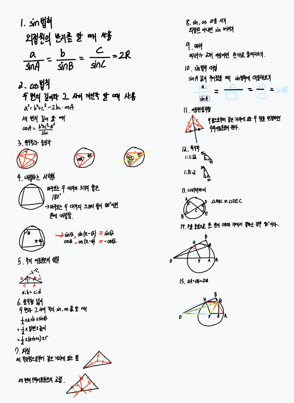 학생이 삼각형과 원의 개념을 자신의 글씨와 그림으로 정리한 수학 단권화 노트