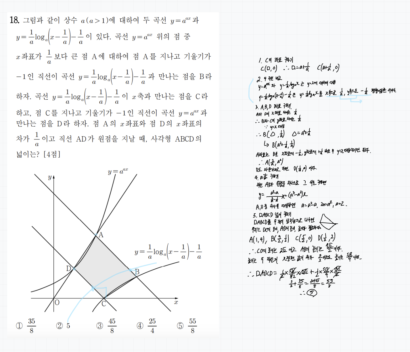 수학 문제와 학생이 자신의 순서로 다시 쓴 풀이가 한 장에 나란히 놓인 단권화 노트